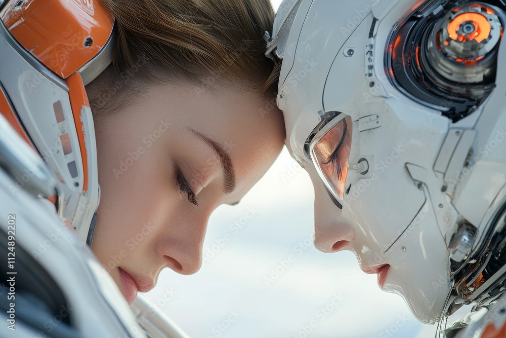 Poster connection between human and robot captured in a futuristic embrace with serene expressions