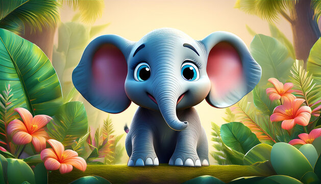 Adorable 3D baby elephant in a lush jungle setting with cartoon style . Generative AI

