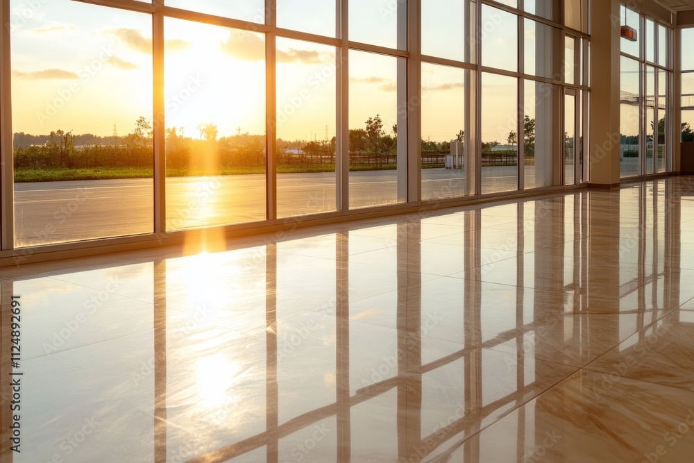 Poster sunlight streams through large windows illuminating a polished floor in a modern building at sunset