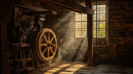 Fototapeta premium Old textile mill machinery, wooden beams and iron wheels, dust motes visible in a ray of sunlight from a small window