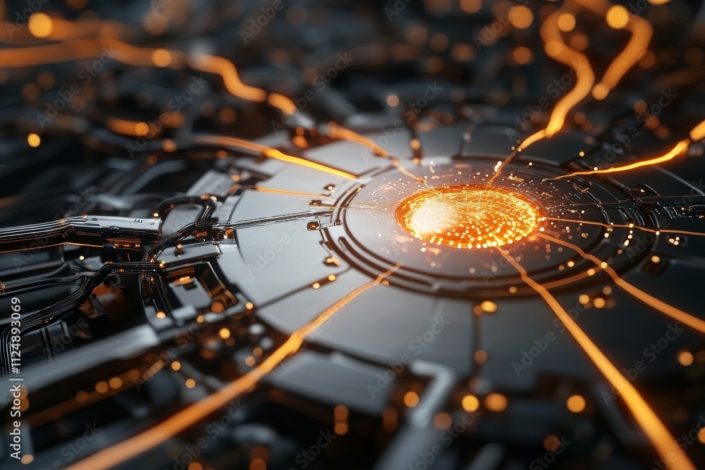 Poster intricate circuit design with glowing orange accents in a high-tech setting at dusk
