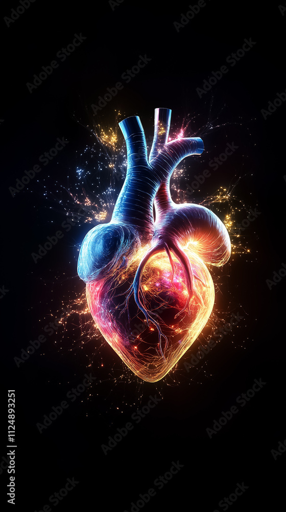 Poster a visual representation of a heart pulse evolving into a colorful landscape filled with imaginative 