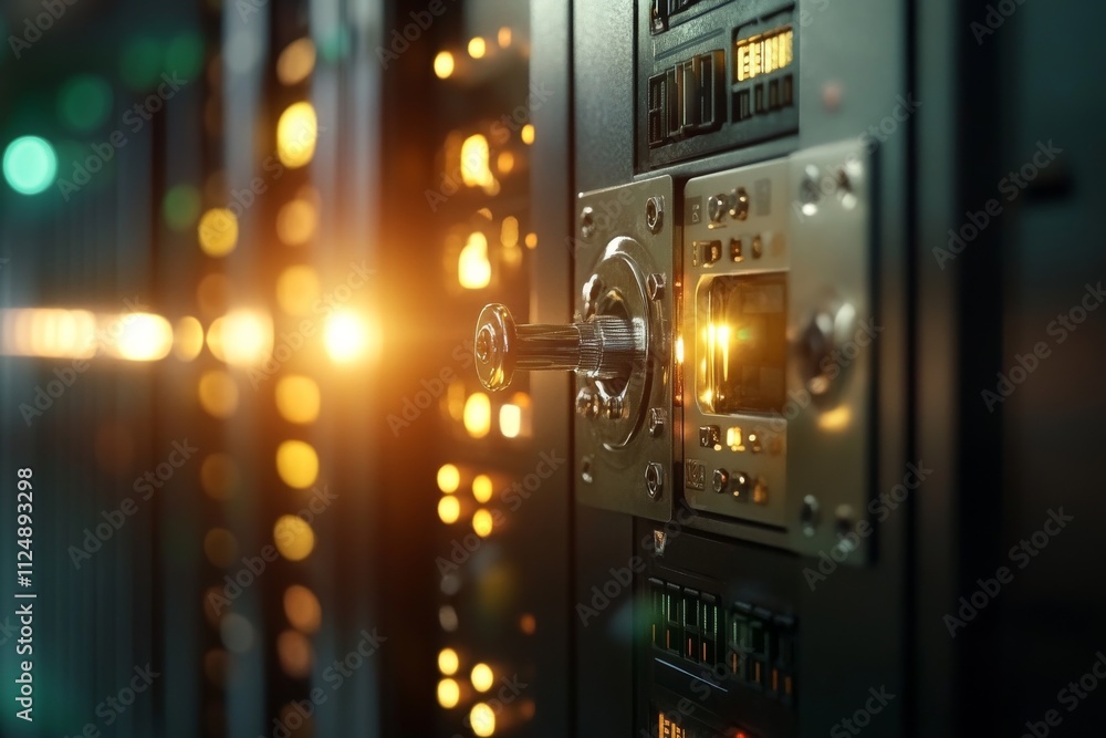 Aufkleber close-up view of a server room showing illuminated control panel and active technology