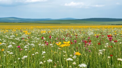 Fototapeta premium A breathtaking vista, wildflowers in full bloom adorn meadow with majestic mountains as backdrop