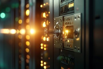 Close-up view of a server room showing illuminated control panel and active technology
