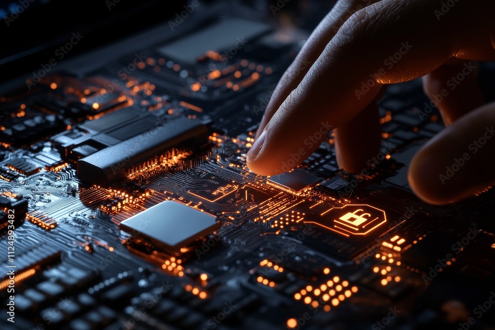 Aufkleber technician examines circuit board with glowing components in a dimly lit workspace during evening ho