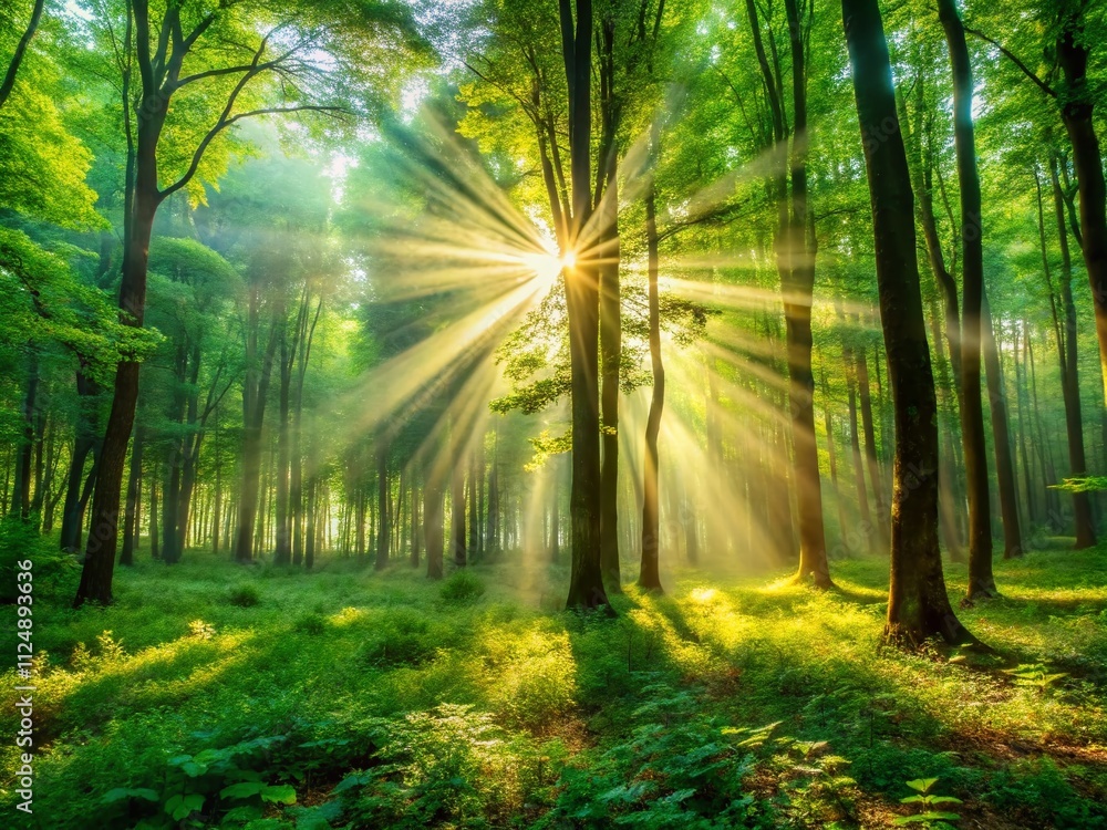 Poster captivating long exposure of sun rays streaming through trees in a serene nature background, illumin
