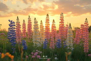 Vibrant lupine flowers at sunset.