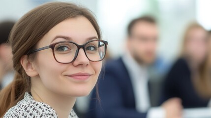 Obraz premium Young Woman Smiling with Glasses in a Business Meeting Environment