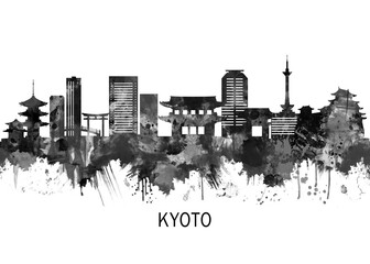 Fototapeta premium Kyoto Japan Skyline BW, cityscape landscape watercolor painting print abstract splash illustration art modern urban poster artwork landmarks skyscrapers