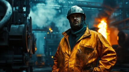 Obraz premium Portrait of a steelworker in protective clothing standing beside towering machinery, gritty background and dramatic lighting