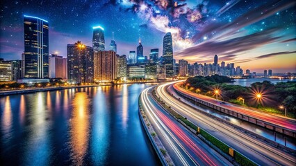 Fototapeta premium Captivating Long Exposure of Urban Nightscape with Light Trails and Starry Sky in a Vibrant City Environment, Illustrating the Dynamic Energy of Modern City Life