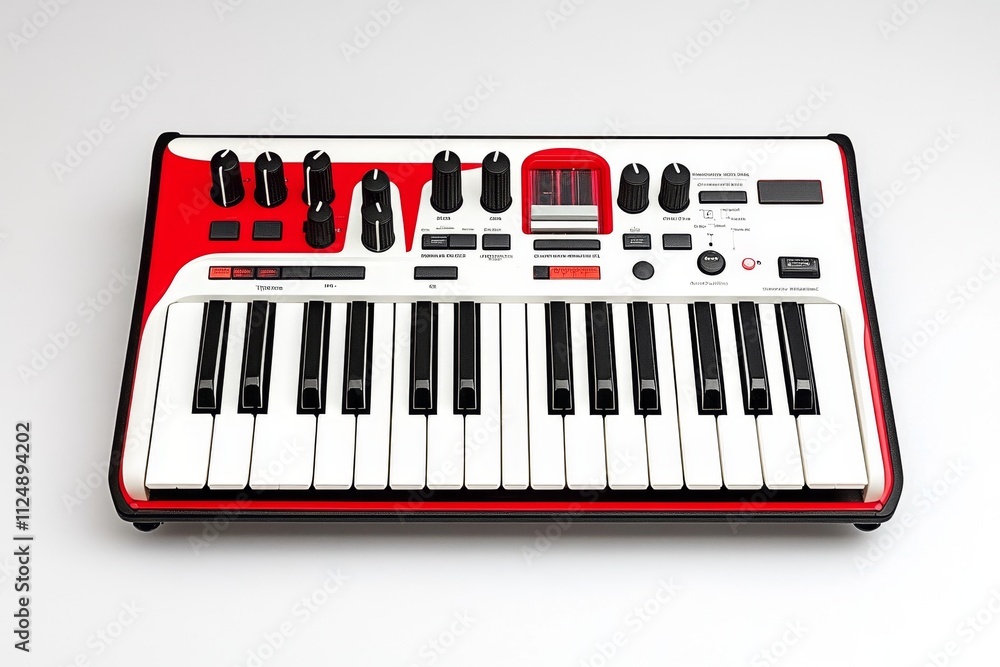 Poster a portable electronic synthesizer with intuitive controls and a sleek design, captured against a pla