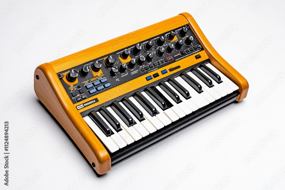 Poster a portable electronic synthesizer with intuitive controls and a sleek design, captured against a pla