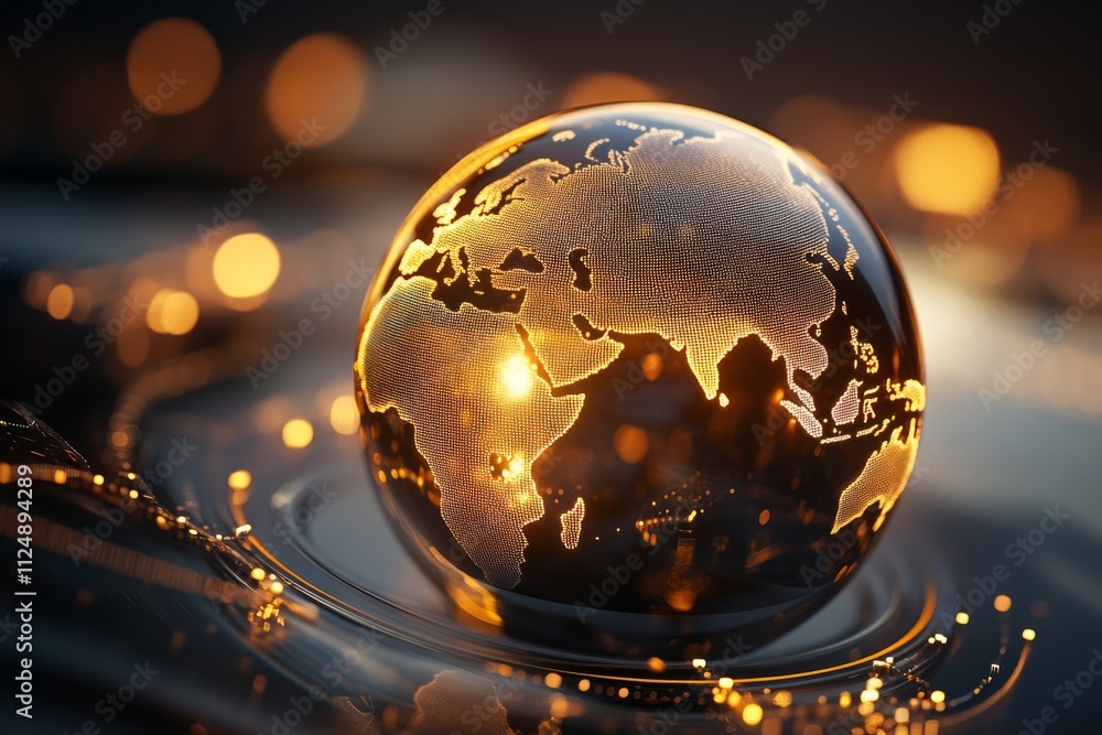 Aufkleber glowing globe showcasing world map with shimmering reflections in a dark serene background