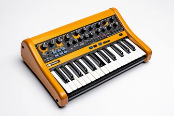 A portable electronic synthesizer with intuitive controls and a sleek design, captured against a plain white backdrop, perfect for professional or hobbyist use
