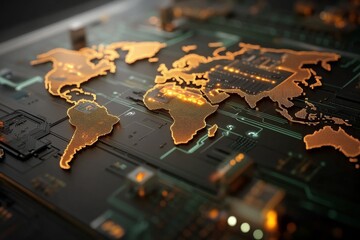 Digital map showcasing interconnected global networks on a circuit board design with glowing elements