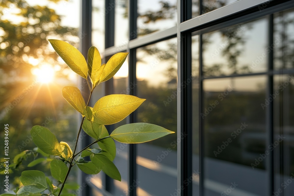 Poster sunlight filters through leaves beside modern architecture at sunset in a tranquil setting