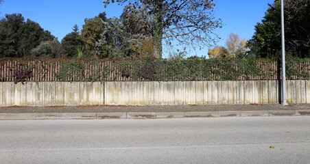 Prefab concrete fence with metal panel covered with ivy on top. Trees and plants on behind,...