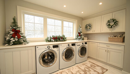 Bright laundry room with white cabinets, washer, dryer, and Christmas decor.