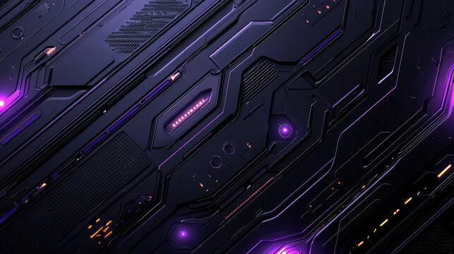 Futuristic neon cybernetic circuit board with purple and black geometric patterns