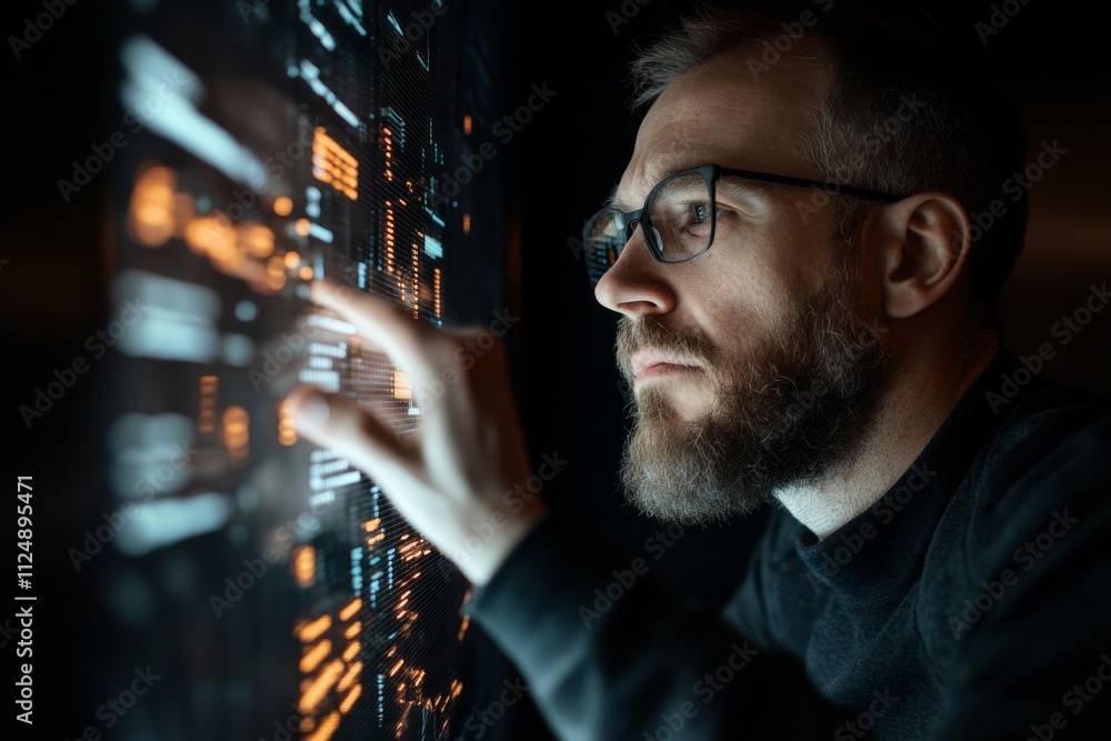 Aufkleber focused male professional interacting with a digital display of data analytics in a dark environment