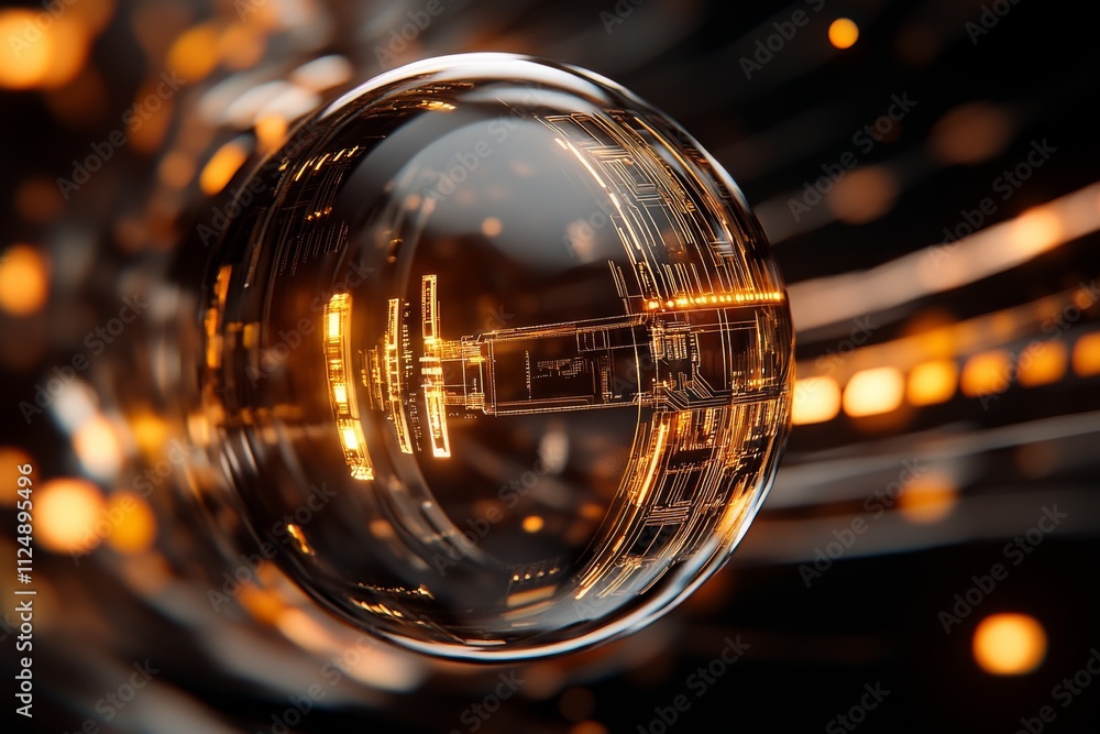 Poster futuristic translucent sphere reflecting intricate designs and glowing light at a tech-inspired sett