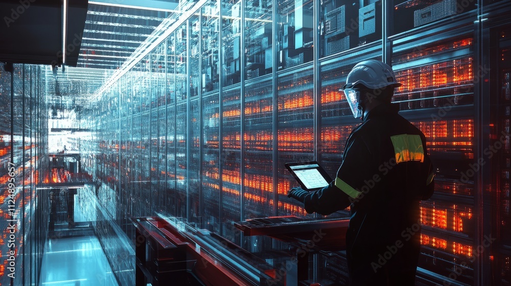 Poster a clean, busy storage area with a worker in safety gear efficiently managing inventory on a digital 