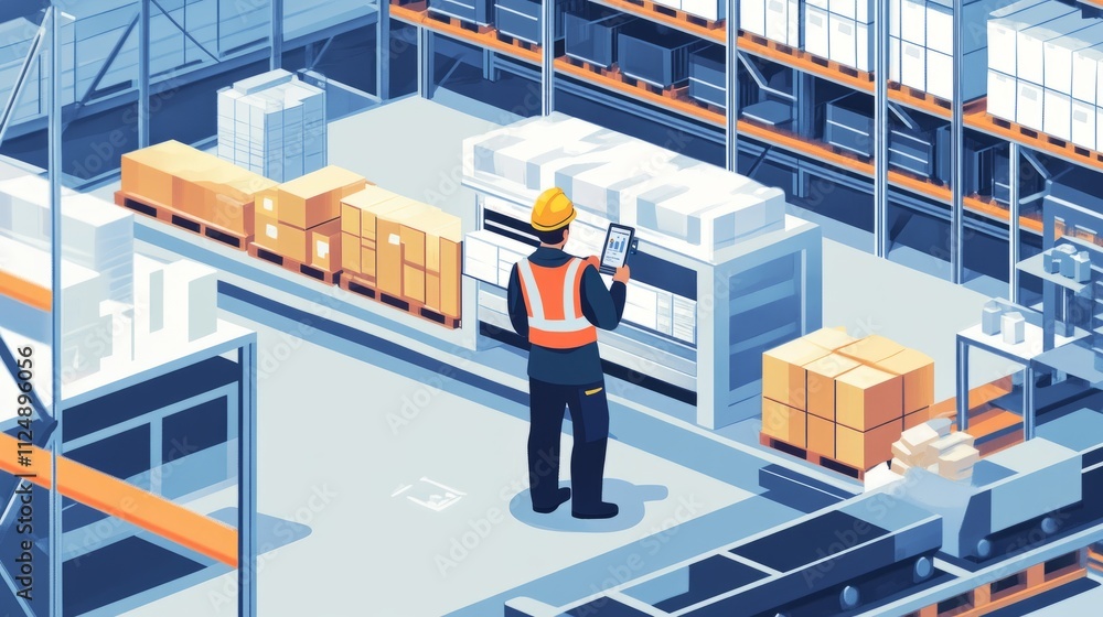 Poster a clean, busy storage area with a worker in safety gear efficiently managing inventory on a digital 