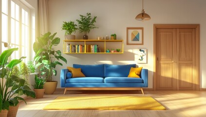 Sunlit Living Room with Blue Sofa and Yellow Rug