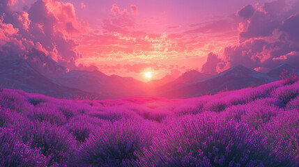 Fototapeta premium Enchanting Lavender Fields: Rolling Hills Bathed in Pink Sunset Hues, Capturing Nature’s Serene Beauty and Tranquil Charm Under a Pastel Sky of Dreamy Twilight and Blossoming Aromatic Splendor