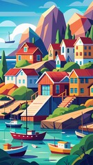 A painting of a town with houses and boats on a river