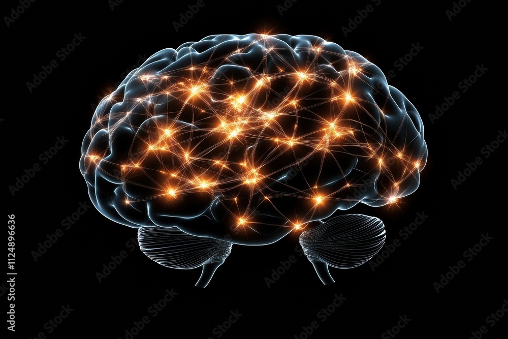 Poster glowing neural networks and synapses form an abstract representation of a human brain against a dark