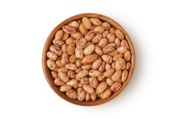 Uncooked dry Borlotti beans in wooden bowl on white background