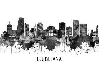 Obraz premium Ljubljana Slovenia Skyline BW, cityscape landscape watercolor painting print abstract splash illustration art modern urban poster artwork landmarks skyscrapers