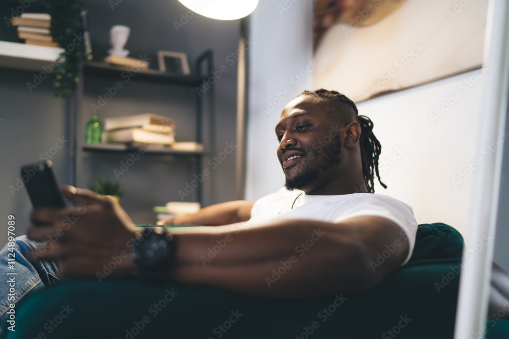Poster young african american man with modern cellphone technology browsing social media while networking v