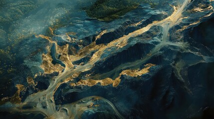 Aerial view of a dramatic, dark blue and gold canyon landscape.