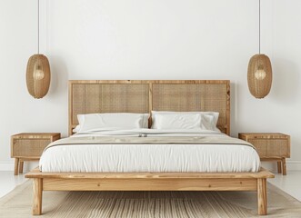 Minimalist bedroom with wooden bed. rattan headboard. and pendant lamps