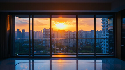 Fototapeta premium City skyline at sunset viewed from modern apartment with large windows