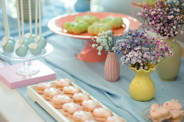 Candy bar with sweets and cupcakes on a buffet table.