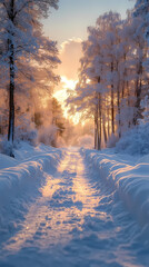 Fototapeta premium There is a beautiful sunrise surrounded by white trees and a pastel sky. Perfect for winter travel photography, the scene is peaceful and serene.