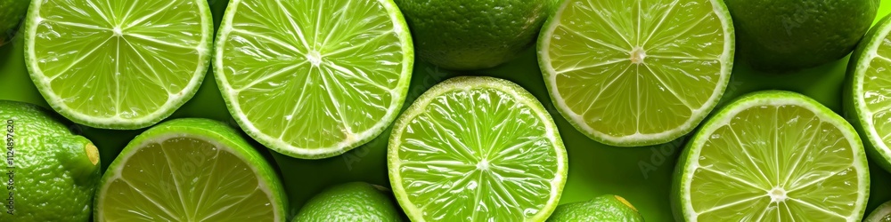 Aufkleber a close up of green limes with the word lime on the bottom right. the limes are sliced and arranged 