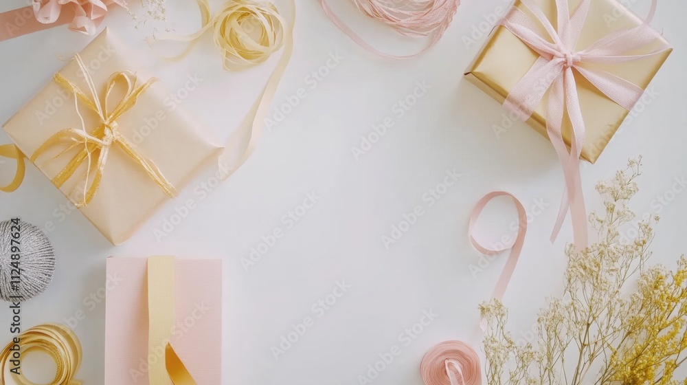Aufkleber Colorful gift wrapping items are arranged in a flat lay style, displaying ribbons, cards, and decorative elements with space for custom text. Generative AI