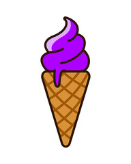 Ice cream waffle cones PNG. Grape flavored melting purple ice cream illustration. Transparent background