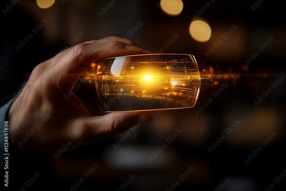 Poster hand holding a glowing transparent object with radiant light effects in a dimly lit setting during e