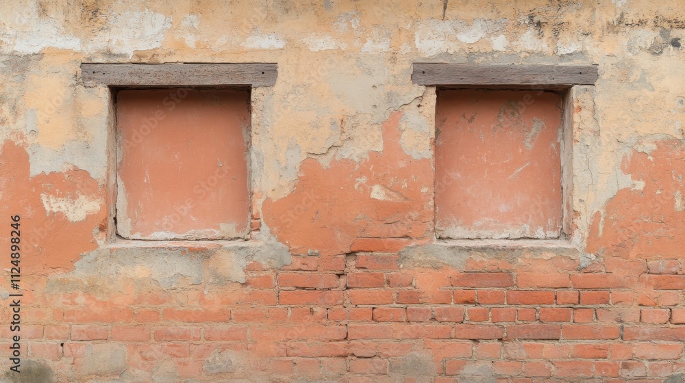 Poster Textured Wall with Two Empty Windows, Rustic Aesthetic and Weathered Look
