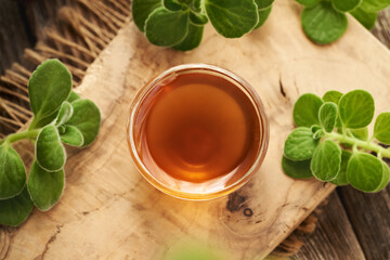 Plectranthus or Coleus amboinicus syrup for common cold in a glass bowl