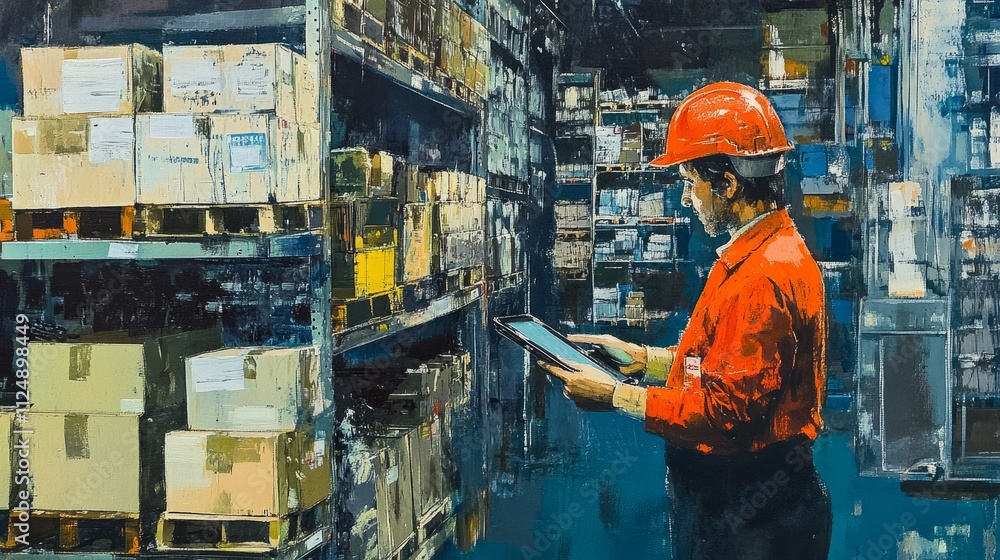 Poster worker in hard hat using a tablet while standing next to shelves filled with organized boxes in a bu