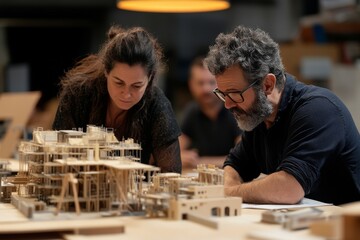 Fototapeta premium Architects collaborate on intricate model design in a workshop setting during late afternoon hours