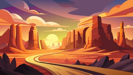 A desert landscape with a road running through it